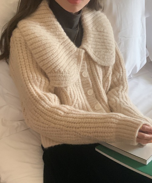 Vipoa（ヴィポア）の「Big lapel chunky knit cardigan（ニット/セーター・レディース・オートミール/グリーン/ピンク/アイボリー・FREE）」の6枚目の写真