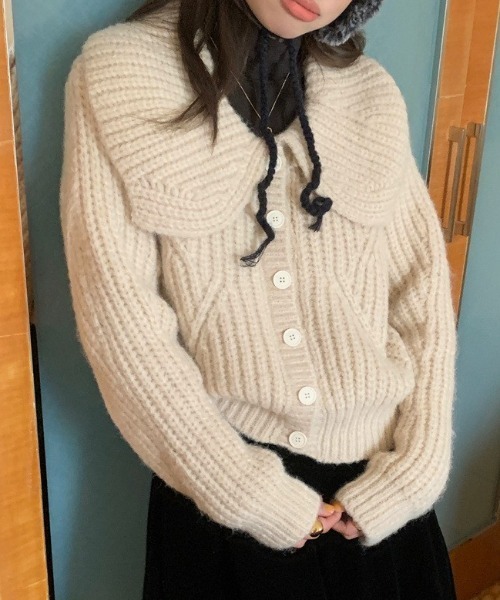 Vipoa（ヴィポア）の「Big lapel chunky knit cardigan（ニット/セーター・レディース・オートミール/グリーン/ピンク/アイボリー・FREE）」の5枚目の写真
