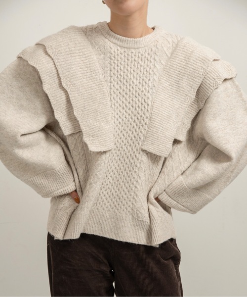 セール】rib frill volume sleeve cable knit / リブフリルボリューム