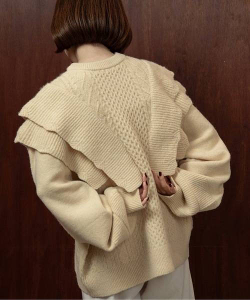 セール】rib frill volume sleeve cable knit / リブフリルボリューム