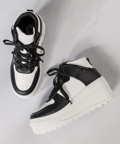 セール】軽量厚底 ボリュームソールコートスニーカー ハイカット