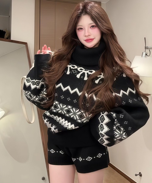 inst.ALL(インストール)の「リボンノルディック柄ドルマンニット×ショートパンツセット(セットアップ・レディース・ブラック・M)」の2枚目の写真
