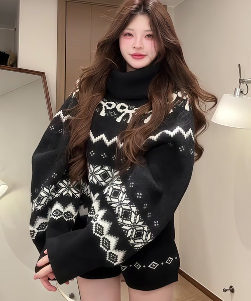 inst.ALL(インストール)の「リボンノルディック柄ドルマンニット×ショートパンツセット(セットアップ・レディース・ブラック・M)」の3枚目の写真
