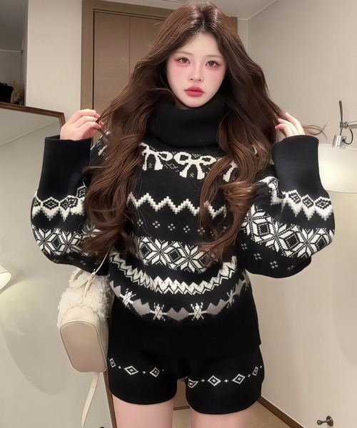 inst.ALL(インストール)の「リボンノルディック柄ドルマンニット×ショートパンツセット(セットアップ・レディース・ブラック・M)」の4枚目の写真