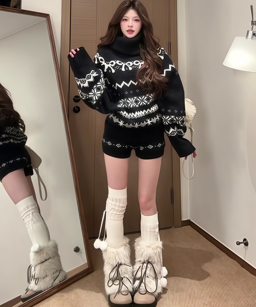 inst.ALL(インストール)の「リボンノルディック柄ドルマンニット×ショートパンツセット(セットアップ・レディース・ブラック・M)」の6枚目の写真