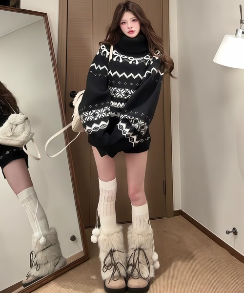 inst.ALL(インストール)の「リボンノルディック柄ドルマンニット×ショートパンツセット(セットアップ・レディース・ブラック・M)」の7枚目の写真