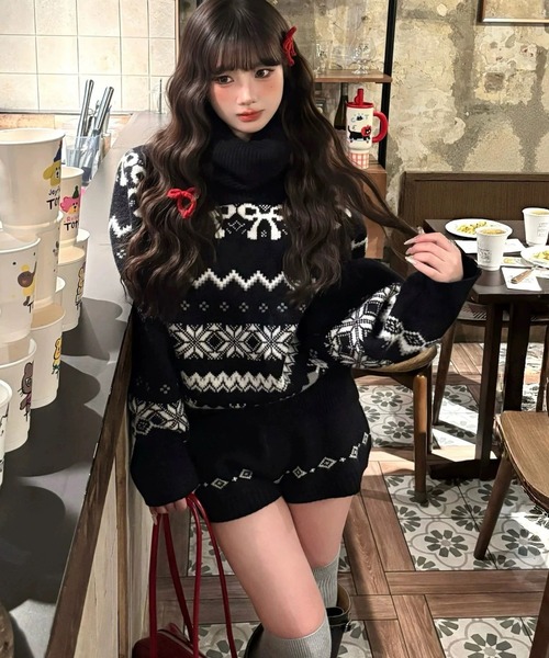 inst.ALL(インストール)の「リボンノルディック柄ドルマンニット×ショートパンツセット(セットアップ・レディース・ブラック・M)」の12枚目の写真