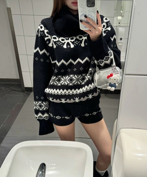 inst.ALL(インストール)の「リボンノルディック柄ドルマンニット×ショートパンツセット(セットアップ・レディース・ブラック・M)」の14枚目の写真