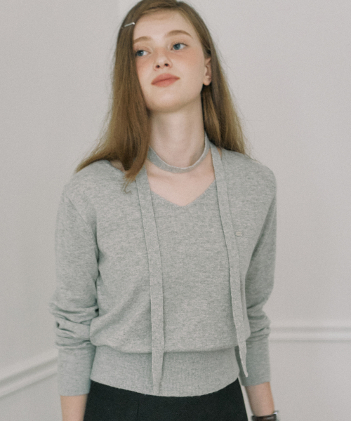 カシミヤタイセットVネックニット - メランジグレー（ニット/セーター