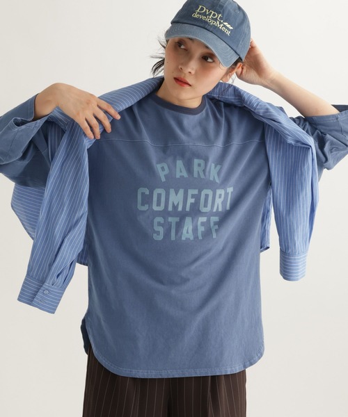 studio CLIP(スタディオクリップ)の「【daily CLIP】ピグメントフロッキープリントT(Tシャツ/カットソー・レディース・ネイビー/パープル/ピンク・FREE)」の1枚目の写真
