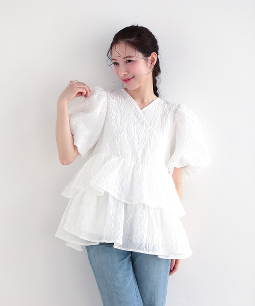 Fit more シアージャガード カシュクール風ペプラムトップス セール】シアージャガード カシュクール風ペプラムトップス（その他