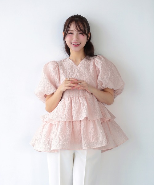 シアージャガード カシュクール風ペプラムトップス