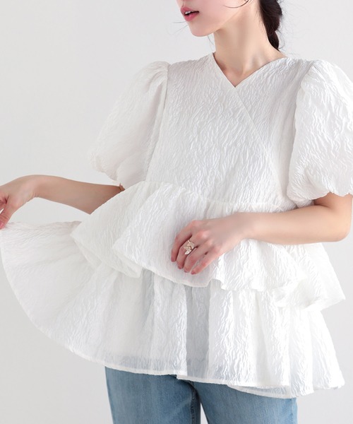 Fit more シアージャガード カシュクール風ペプラムトップス セール】シアージャガード カシュクール風ペプラムトップス（その他