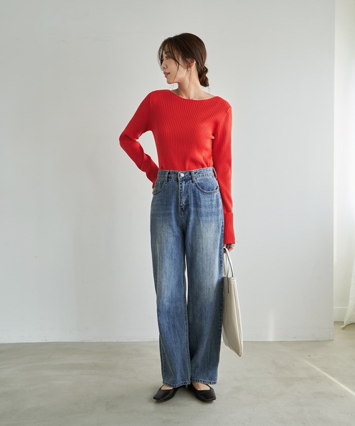 STYLE DELI（スタイルデリ）の「袖口折り返しボートネックリブトップス（ニット/セーター・レディース・ブラック/レッド/ホワイト/ネイビー・FREE）」の5枚目の写真