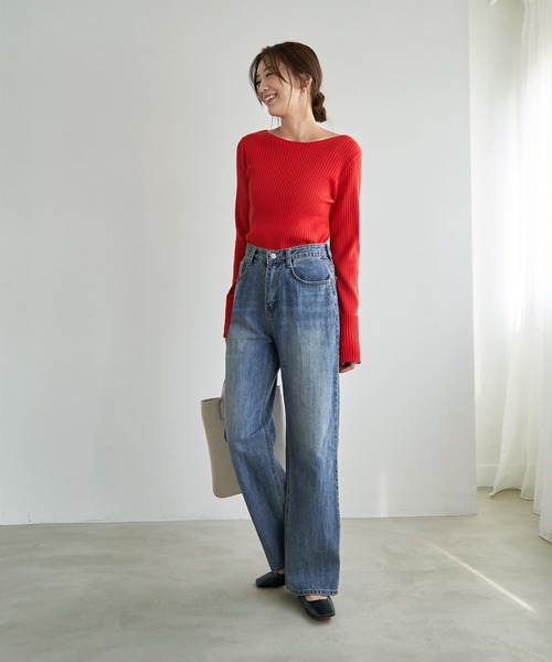 STYLE DELI（スタイルデリ）の「袖口折り返しボートネックリブトップス（ニット/セーター・レディース・ブラック/レッド/ホワイト/ネイビー・FREE）」の7枚目の写真