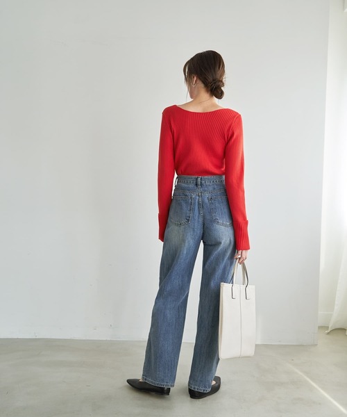 STYLE DELI（スタイルデリ）の「袖口折り返しボートネックリブトップス（ニット/セーター・レディース・ブラック/レッド/ホワイト/ネイビー・FREE）」の8枚目の写真