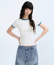 ウィメンズスリムクルーネックリンガーTシャツ[クリーム/ブルー]