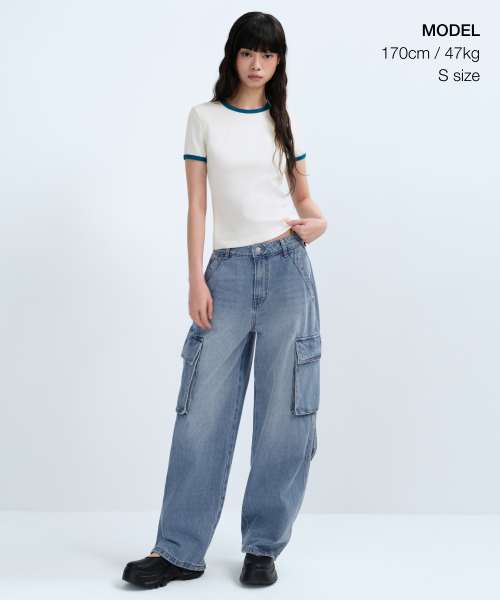 MUSINSA STANDARD WOMAN（ムシンサスタンダードウーマン）の「ウィメンズスリムクルーネックリンガーTシャツ[クリーム/ブルー]（Tシャツ/カットソー・レディース・その他・MEDIUM/LARGE/SMALL/X-SMALL）」の2枚目の写真