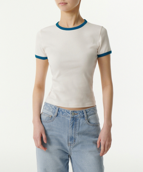 MUSINSA STANDARD WOMAN（ムシンサスタンダードウーマン）の「ウィメンズスリムクルーネックリンガーTシャツ[クリーム/ブルー]（Tシャツ/カットソー・レディース・その他・MEDIUM/LARGE/SMALL/X-SMALL）」の3枚目の写真