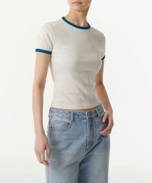 MUSINSA STANDARD WOMAN（ムシンサスタンダードウーマン）の「ウィメンズスリムクルーネックリンガーTシャツ[クリーム/ブルー]（Tシャツ/カットソー・レディース・その他・MEDIUM/LARGE/SMALL/X-SMALL）」の4枚目の写真