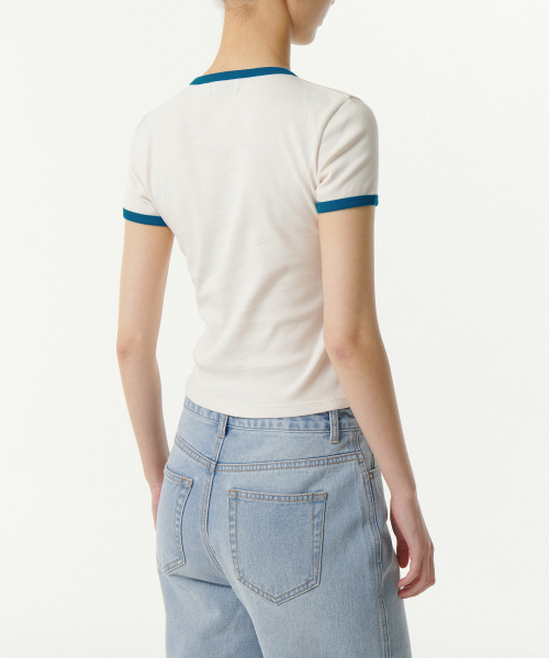 MUSINSA STANDARD WOMAN（ムシンサスタンダードウーマン）の「ウィメンズスリムクルーネックリンガーTシャツ[クリーム/ブルー]（Tシャツ/カットソー・レディース・その他・MEDIUM/LARGE/SMALL/X-SMALL）」の5枚目の写真