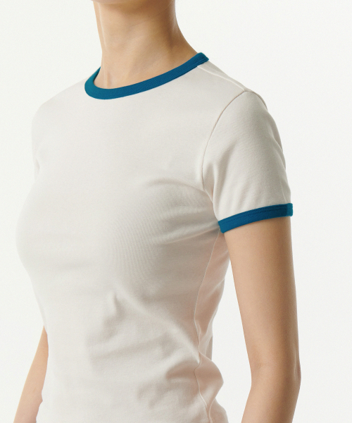 MUSINSA STANDARD WOMAN（ムシンサスタンダードウーマン）の「ウィメンズスリムクルーネックリンガーTシャツ[クリーム/ブルー]（Tシャツ/カットソー・レディース・その他・MEDIUM/LARGE/SMALL/X-SMALL）」の7枚目の写真