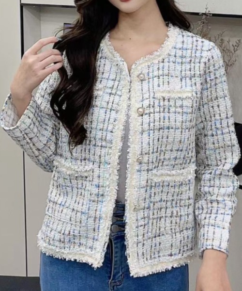 a lot of love(ア ロット オブ ラブ)の「ノーカラー ツイードジャケット(ノーカラージャケット・レディース・オフホワイト/ブルー/ピンク・FREE)」の17枚目の写真