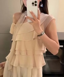 ワンショルダーフリルシフォンブラウス