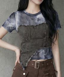 Diable baiser（ディアブルベーゼ）の「Y2K グランジ フリンジデニムビスチェ ドッキング シアータイダイカットソートップス（Tシャツ/カットソー）」