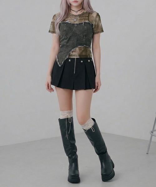 Diable baiser（ディアブルベーゼ）の「Y2K グランジ フリンジデニムビスチェ ドッキング シアータイダイカットソートップス（Tシャツ/カットソー・レディース・ブラウン/ホワイト/ネイビー・FREE）」の7枚目の写真
