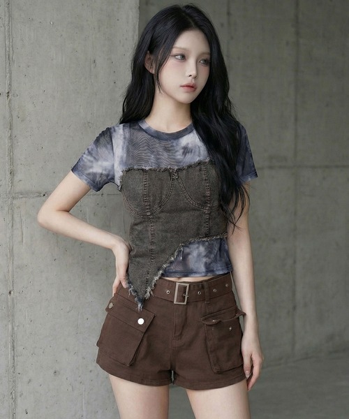 Diable baiser（ディアブルベーゼ）の「Y2K グランジ フリンジデニムビスチェ ドッキング シアータイダイカットソートップス（Tシャツ/カットソー・レディース・ブラウン/ホワイト/ネイビー・FREE）」の10枚目の写真