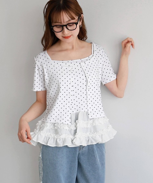 tiptop(ティップトップ)の「半袖カーディガン×裾フリルキャミSET(Tシャツ/カットソー・レディース・ブラック系その他/オフホワイト/ホワイト系その他/サックスブルー・FREE)」の11枚目の写真