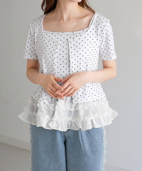 tiptop(ティップトップ)の「半袖カーディガン×裾フリルキャミSET(Tシャツ/カットソー・レディース・ブラック系その他/オフホワイト/ホワイト系その他/サックスブルー・FREE)」の12枚目の写真