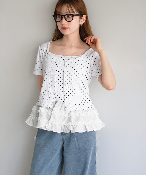 tiptop(ティップトップ)の「半袖カーディガン×裾フリルキャミSET(Tシャツ/カットソー・レディース・ブラック系その他/オフホワイト/ホワイト系その他/サックスブルー・FREE)」の13枚目の写真