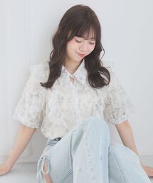 襟付きエアリーフリル半袖ブラウス