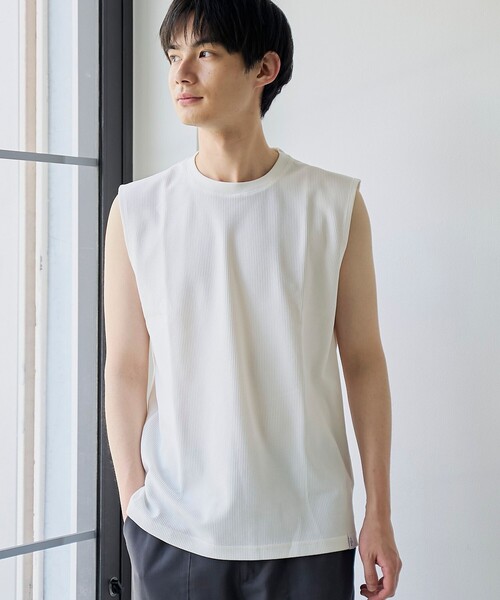 coen(コーエン)の「【形態回復性・ストレッチ性】SOLOTEX(R) ワッフルノースリーブTシャツ(Tシャツ/カットソー・メンズ・ホワイト/ライトグレー・L/M/S)」の1枚目の写真