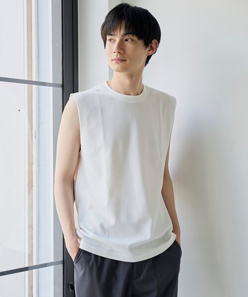 coen(コーエン)の「【形態回復性・ストレッチ性】SOLOTEX(R) ワッフルノースリーブTシャツ(Tシャツ/カットソー・メンズ・ホワイト/ライトグレー・L/M/S)」の5枚目の写真