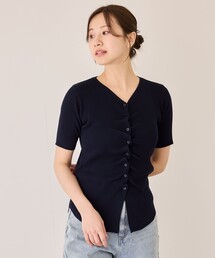 ボタン付きフロントギャザーリブ半袖ニット