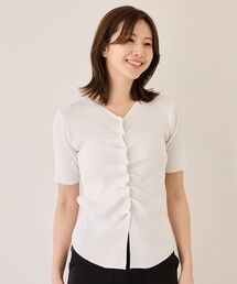 ボタン付きフロントギャザーリブ半袖ニット