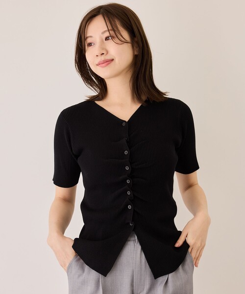 Jayro(ジャイロ)の「ボタン付きフロントギャザーリブ半袖ニット(ニット/セーター・レディース・ネイビー/チャコールグレー/ブラック/ブルー/ホワイト・M)」の6枚目の写真