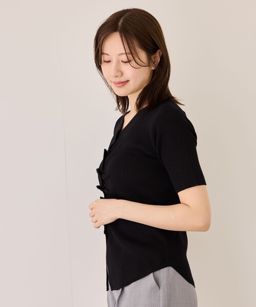 Jayro(ジャイロ)の「ボタン付きフロントギャザーリブ半袖ニット(ニット/セーター・レディース・ネイビー/チャコールグレー/ブラック/ブルー/ホワイト・M)」の8枚目の写真