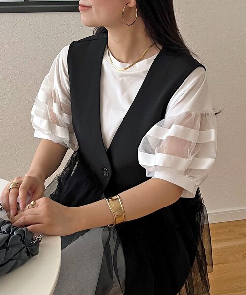 prose verse(プロズヴェール)の「袖ボリュームチュールTシャツ(Tシャツ/カットソー・レディース・ブラック/オフホワイト・MEDIUM/LARGE)」の2枚目の写真