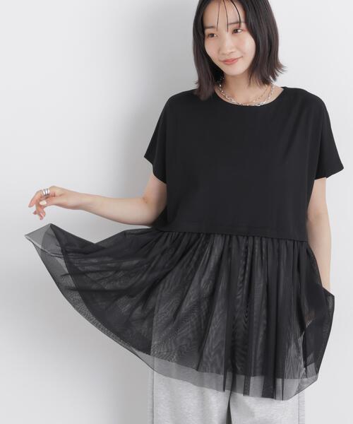 NANO universe(ナノユニバース)の「チュールドッキングカットトップス(Tシャツ/カットソー・レディース・ブラック/ホワイト/モカ・FREE)」の1枚目の写真
