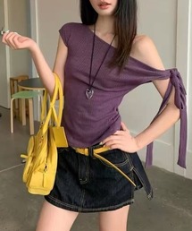 取り外しリボン付きワンショルダーアシメトップス