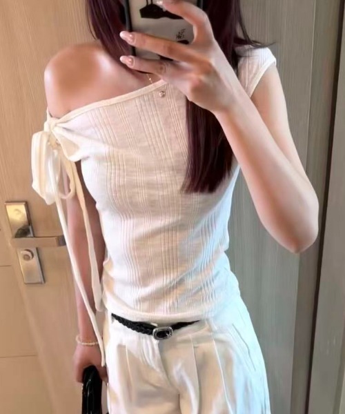 Achic（アシック）の「取り外しリボン付きワンショルダーアシメトップス（Tシャツ/カットソー・レディース・ネイビー/ブルー/パープル/ホワイト・M）」の18枚目の写真