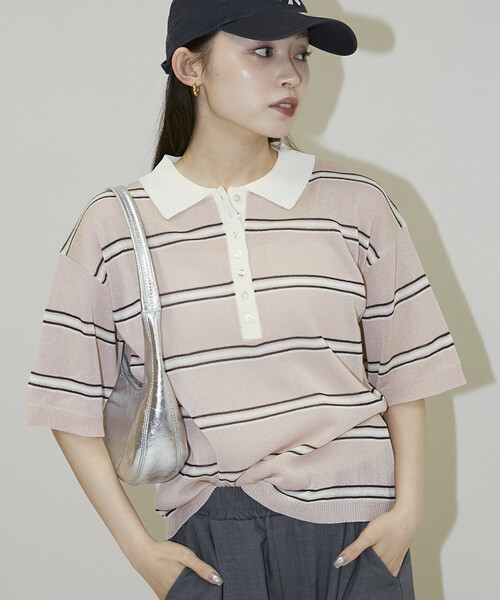 PUBLUX(パブリュクス)の「PUBLUX/パブリュクス シアー ボーダー 半袖 ポロ サマーニット 限定展開(ポロシャツ・レディース・ブラック/ピンク/オフホワイト/ブラウン・フリ-)」の5枚目の写真