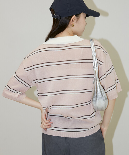 PUBLUX(パブリュクス)の「PUBLUX/パブリュクス シアー ボーダー 半袖 ポロ サマーニット 限定展開(ポロシャツ・レディース・ブラック/ピンク/オフホワイト/ブラウン・フリ-)」の6枚目の写真