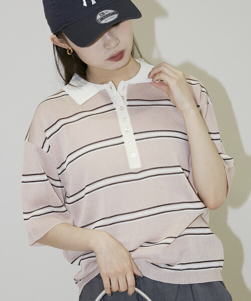 PUBLUX(パブリュクス)の「PUBLUX/パブリュクス シアー ボーダー 半袖 ポロ サマーニット 限定展開(ポロシャツ・レディース・ブラック/ピンク/オフホワイト/ブラウン・フリ-)」の7枚目の写真