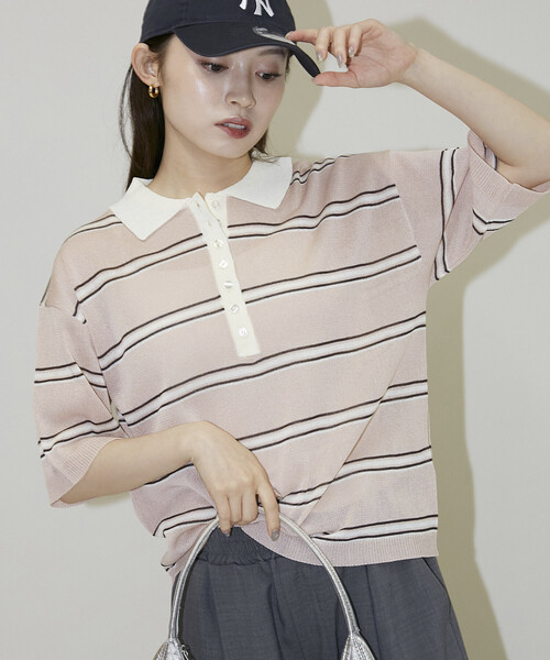PUBLUX(パブリュクス)の「PUBLUX/パブリュクス シアー ボーダー 半袖 ポロ サマーニット 限定展開(ポロシャツ・レディース・ブラック/ピンク/オフホワイト/ブラウン・フリ-)」の11枚目の写真