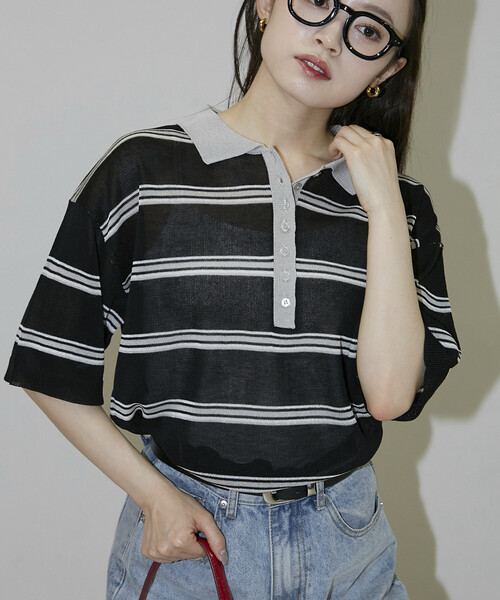 PUBLUX(パブリュクス)の「PUBLUX/パブリュクス シアー ボーダー 半袖 ポロ サマーニット 限定展開(ポロシャツ・レディース・ブラック/ピンク/オフホワイト/ブラウン・フリ-)」の15枚目の写真